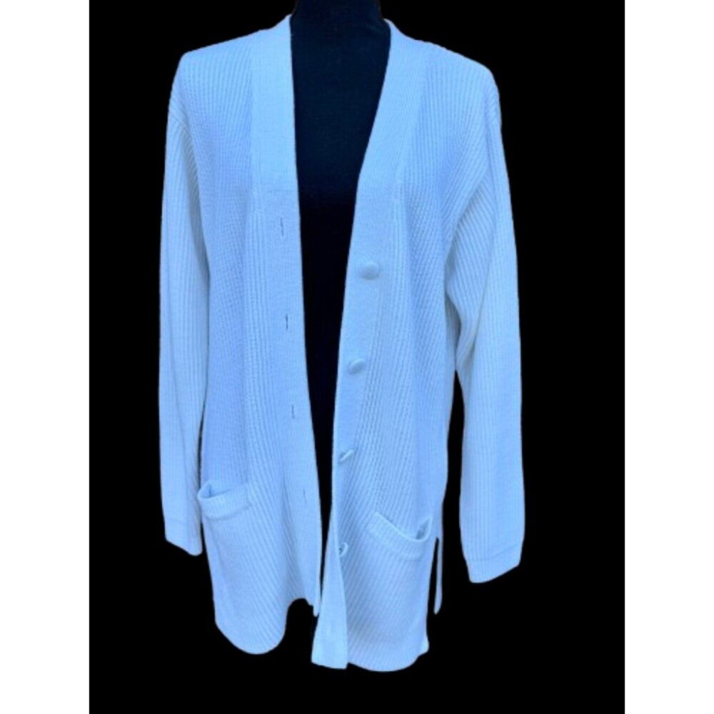 VTG Yarnworks Ribbed Cardigan Sweater Large White Pockets Coastal Grandmother